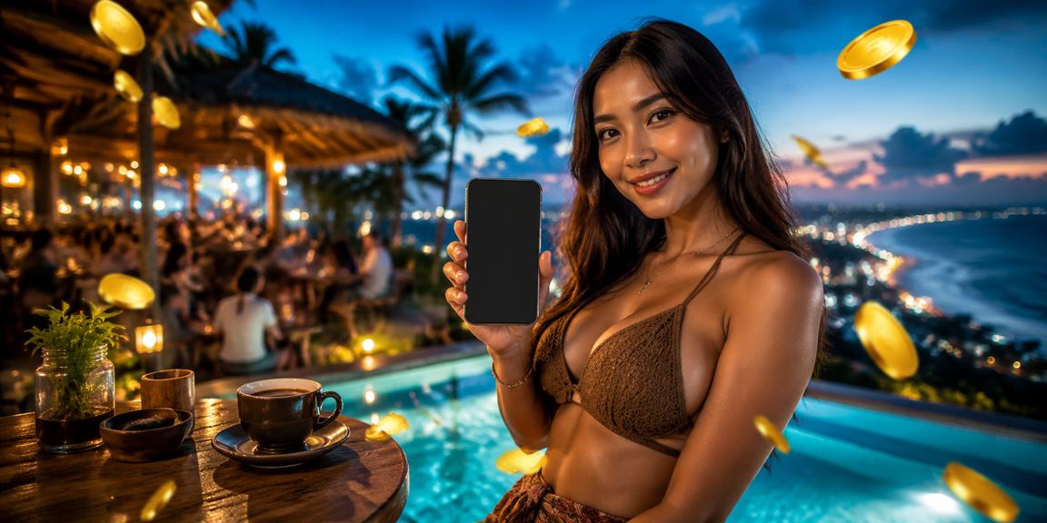 Pengguna Vietnam menikmati aplikasi kasino sambil minum kopi di kafe modern
