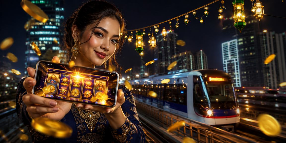 Suasana meriah festival slot game dengan dekorasi warna-warni di area hiburan
